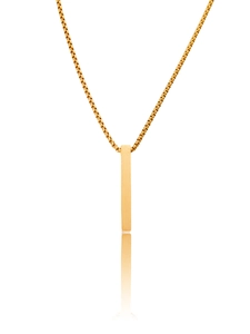 Detailed close-up of golden stainless steel vertical bar pendant with a box chain style