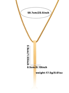 Polished gold rectangular bar pendant with size measurements and box chain specs