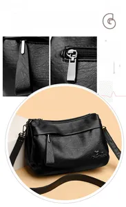 Détail de la fermeture éclair argentée et du sac bandoulière en cuir noir grainé pour femme