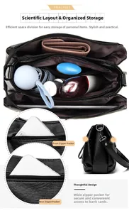 Détails de l'intérieur compartimenté et des poches zippées de ce sac en cuir PU noir