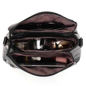 Sac bandoulière classique en cuir noir avec trois compartiments zippés et grande capacité