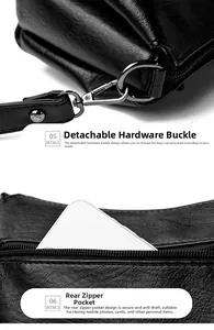 Détail d'un sac en cuir noir avec crochet métallique amovible et poche zippée arrière