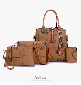 Detail of 4-piece set including tote and crossbody bag with stylish monogram patterns