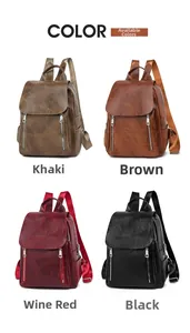 Women's vintage faux leather backpack options in khaki, brown, burgundy, and black
