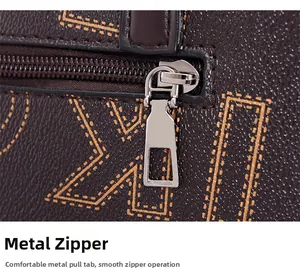 Macro shot of silver metal zipper and hardware on printed faux leather shoulder bag