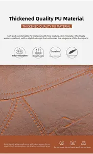 Detail of lychee textured PU leather with orange stitching on travel backpack