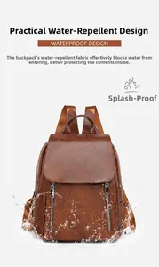 Water-repellent brown faux leather backpack featuring a stylish flap and double front zippers