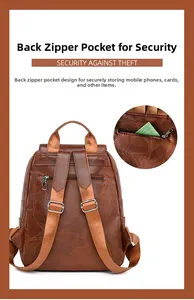 Detail of brown faux leather backpack featuring anti-theft back zipper and adjustable straps
