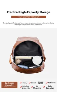 Interior view of large capacity faux leather backpack showing main compartment and zip pocket