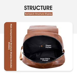 Interior view of vintage brown leather backpack showing organized pockets and zipper compartment