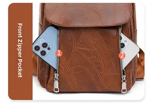 Detail of soft leather backpack featuring dual front zippers and phone storage capacity