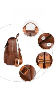 Detail view of reinforced stitching and metal hardware on brown leather backpack