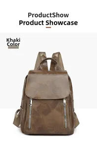 Macro detail of khaki vintage faux leather backpack with silver zippers and stitching
