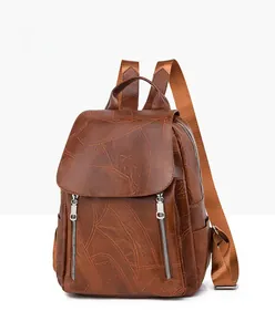 Detail of vintage brown leather backpack featuring unique leaf-vein stitched textures