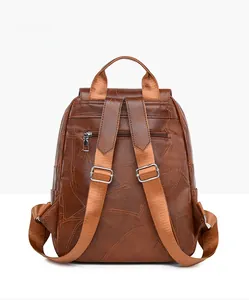 Detailed back view of vintage brown leather backpack featuring adjustable nylon straps