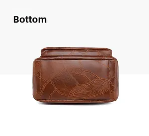 Macro view showing the vintage stitched bottom detail and leather texture of the backpack