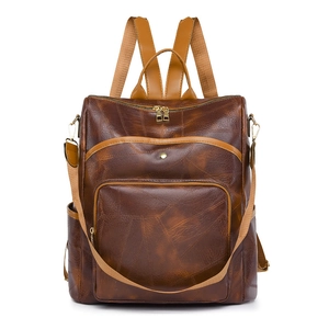 Brown vintage faux leather backpack for women with front zipper pocket and gold-tone hardware