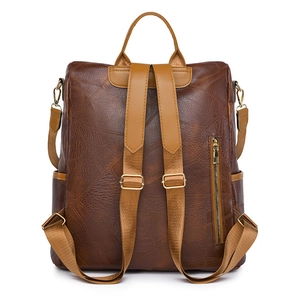 Brown faux leather backpack for women with vintage texture and back anti-theft zipper