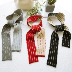 Three-color striped knitted skinny scarves set in grey, red and black dot patterns