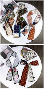 Detailed view of various printed silk scarves featuring polka dots and animal patterns