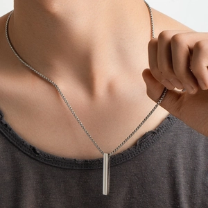 Polished stainless steel vertical bar pendant on box chain necklace for men