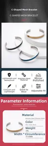 Detailed specs of the C-shaped mesh stainless steel bracelet in blue gold and black