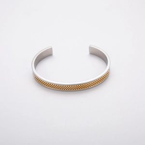 Minimalist silver stainless steel C-shape cuff with golden mesh inlay and polished finish