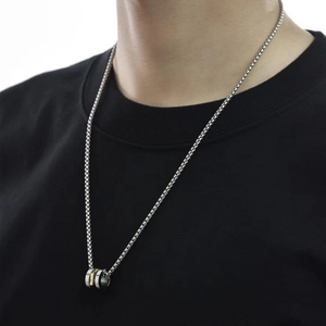 Minimalist silver box chain necklace for men with gold and silver cylindrical pendant