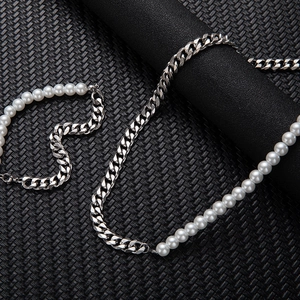 Collana E Bracciale In Acciaio Inossidabile Con Perle Sintetiche Maglia Cubana Hip Hop Gioielli Uomo Donna Argento Bianco