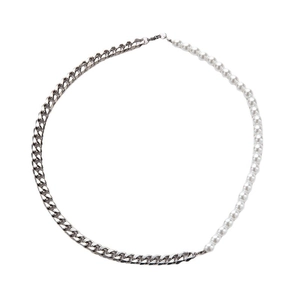 Collana da uomo in acciaio inossidabile con catena cubana e perle bianche argento