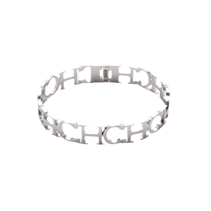 Polished silver stainless steel open spring bangle with repeating hollow CH letter design