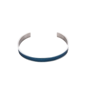 Minimalist C-shaped stainless steel cuff bracelet with blue honeycomb mesh inlay