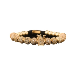 Luxurious vintage gold crown beaded bracelet for men with crystal-paved stones