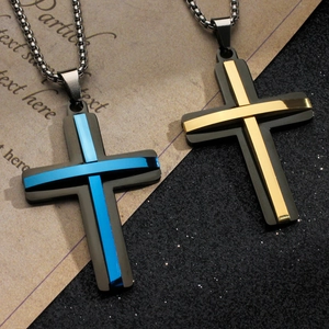 Cross Pendant Necklace Stainless Steel Double Layer Two Tone Religious Hip Hop Jewelry For Men Women