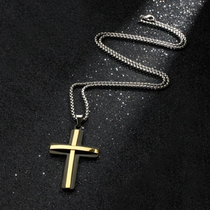Men's double-layered stainless steel cross pendant necklace with black and gold contrast