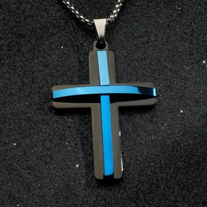 Men's double-layered stainless steel cross pendant necklace with blue and black finish