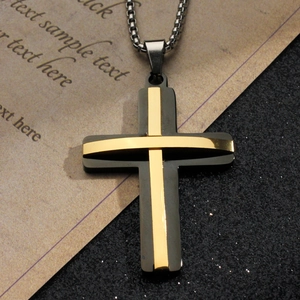 Double-layered black and gold cross pendant necklace with stainless steel box chain
