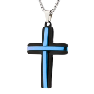 Men's double-layered stainless steel cross necklace with blue and black inlay details
