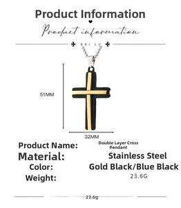 Detailed view of dual-layer stainless steel cross pendant with color-contrast design
