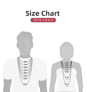 Length size chart showing 41cm to 91cm necklace fit on male and female silhouettes