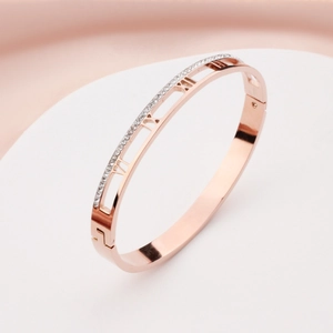 Stainless Steel Bangle For Women With Hollow Roman Numerals And Inlaid Rhinestones Retro Elegant Jewelry