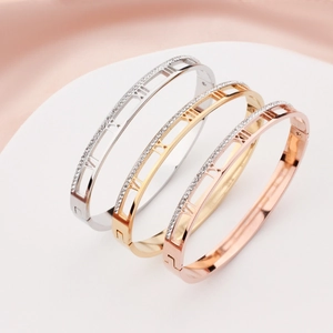 Three-piece set of Roman numeral hollow bracelets with rhinestones in gold and silver
