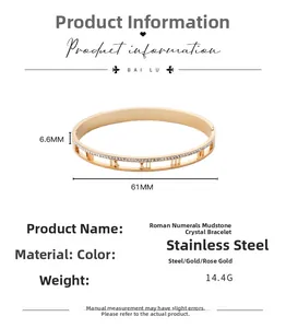 Detailed specs of stainless steel Roman numeral hollow bangle with pave crystals