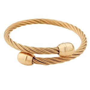 Polished gold twisted cable stainless steel bangle with spherical ends in punk style