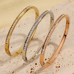 Stainless Steel Bangle For Women With Full Cubic Zirconia Inlaid Hinge Closure Minimalist Luxury Trendy Jewelry Gift