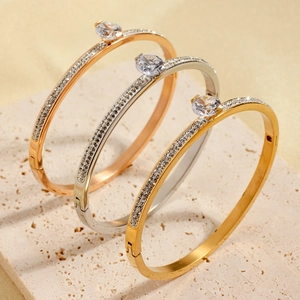 Stainless Steel Bangle Cubic Zirconia Solitaire Hinged Bracelet Luxury Fashion Jewelry For Women