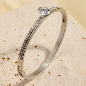 Polished titanium steel crystal bangle with a central round stone and paved side stones
