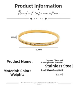 Detailed specs of 4mm stainless steel bangle with square zircon inlay and 60mm diameter
