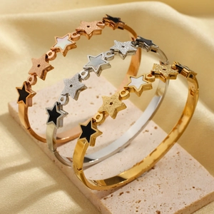 Star Bangle Stainless Steel Bracelet With Enamel Mother Of Artificial Pearl Inlay Elegant Fashion Jewelry For Women