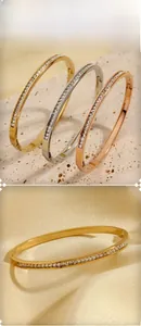 Detailed view of rectangular zircon inlaid bracelets in gold, silver and rose gold